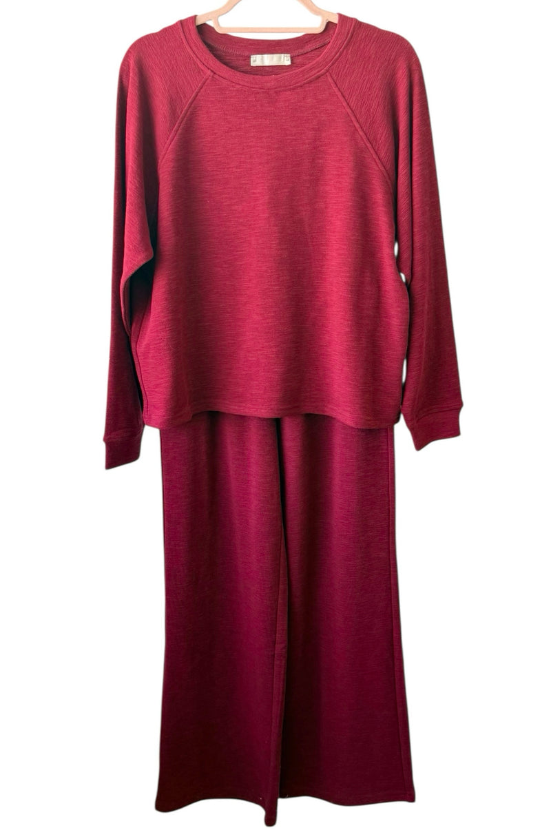 Relax Mode Long Sleeve Slub Knit Set -Cabernet-210 Loungewear/Sets-Zenana-Coastal Bloom Boutique, find the trendiest versions of the popular styles and looks Located in Indialantic, FL