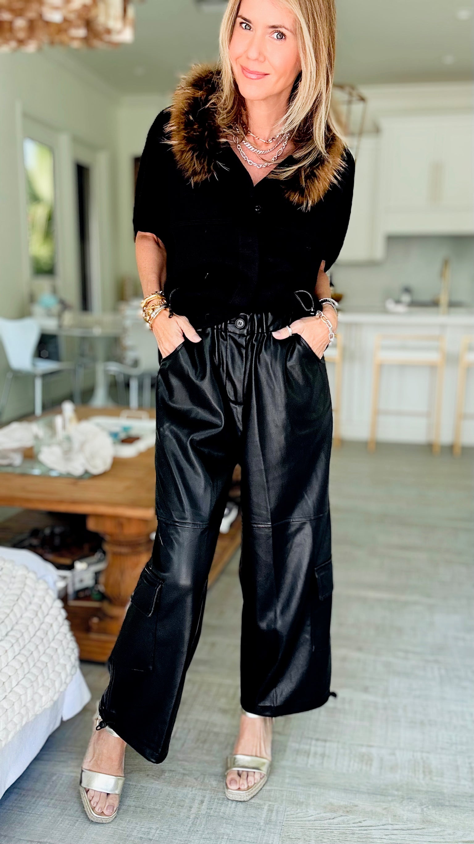 Vegan Leather Cargo Pant - Black-150 Cardigan Layers-Dolce Cabo-Coastal Bloom Boutique, find the trendiest versions of the popular styles and looks Located in Indialantic, FL