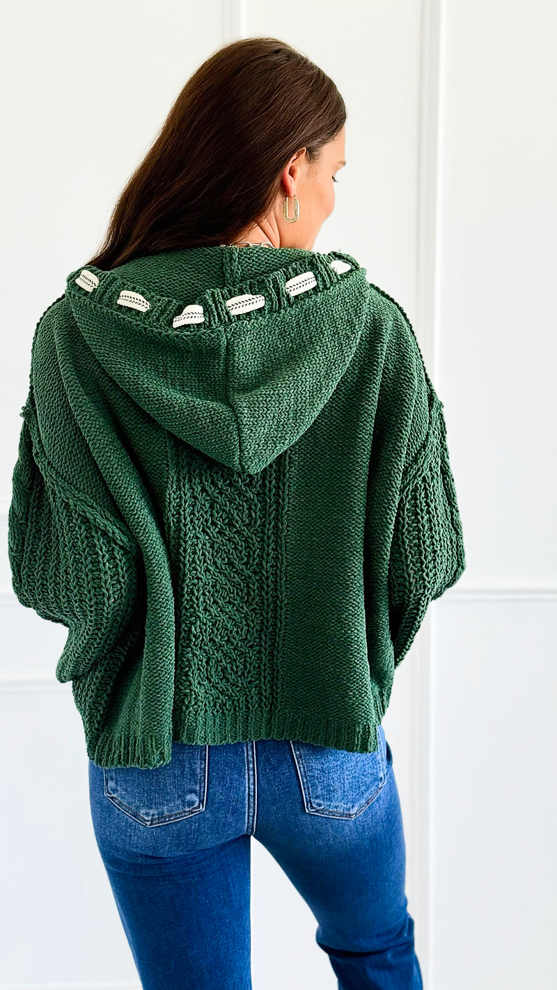 Seaside Breeze Hooded Chenille Sweater - Dark Green-140 Sweaters-Zenana-Coastal Bloom Boutique, find the trendiest versions of the popular styles and looks Located in Indialantic, FL