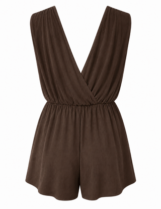 Woven Crinkle Draped Romper - Brown