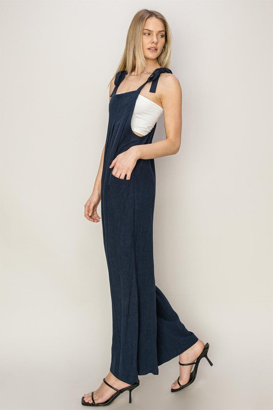 Tie-Shoulder Pleated Jumpsuit-Dark Blue-200 dresses/jumpsuits/rompers-HYFVE-Coastal Bloom Boutique, find the trendiest versions of the popular styles and looks Located in Indialantic, FL