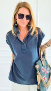 Weekend Ease Washed Collar Top - Navy-110 Short Sleeve Tops-White Birch-Coastal Bloom Boutique, find the trendiest versions of the popular styles and looks Located in Indialantic, FL