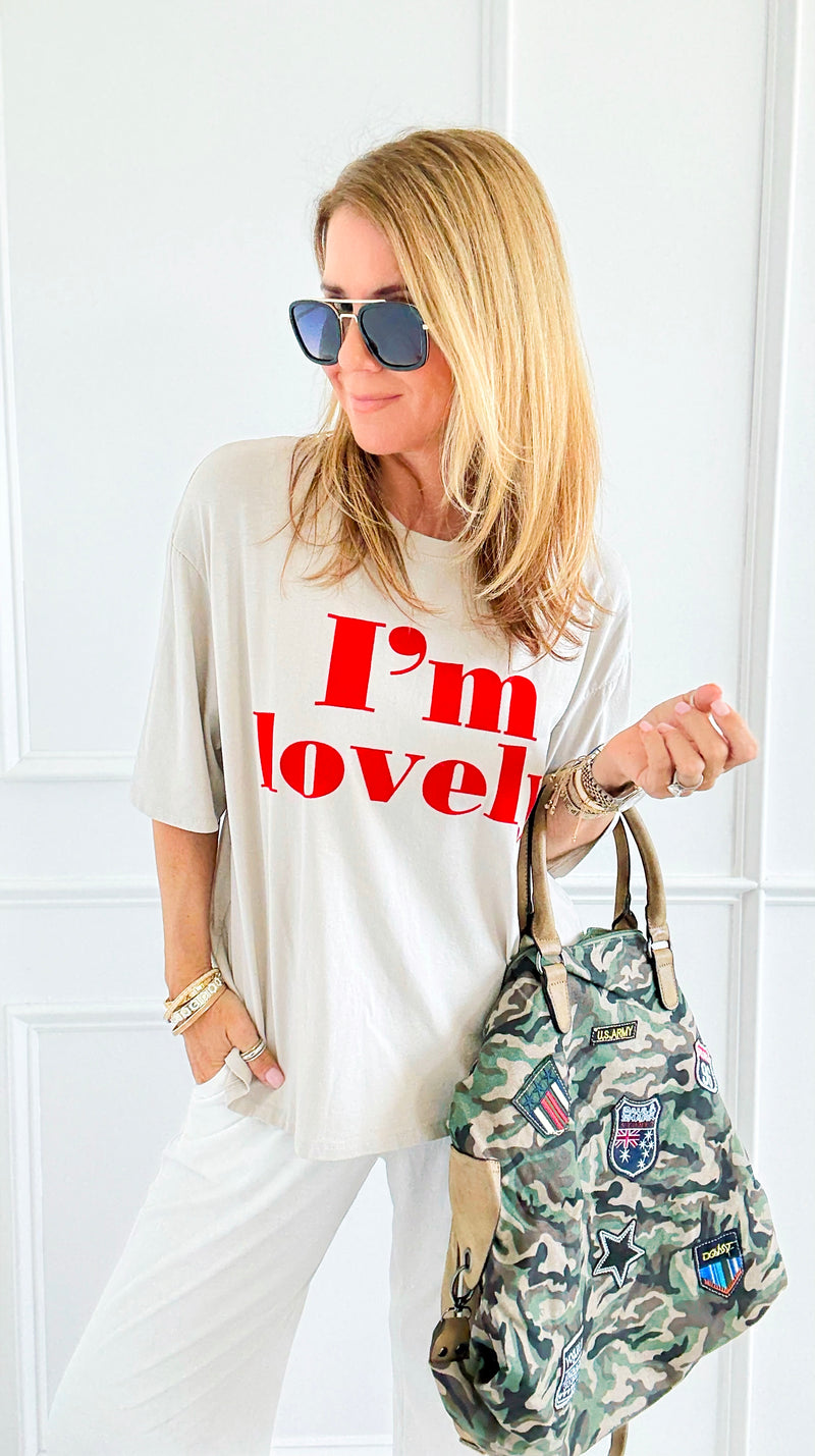 I'm Lovely Italian tee- Beige-110 short Sleeve Top-V SKY-Coastal Bloom Boutique, find the trendiest versions of the popular styles and looks Located in Indialantic, FL