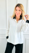 Midnight Contrast Button Down Top - Ivory Black-130 Long sleeve top-Must Have-Coastal Bloom Boutique, find the trendiest versions of the popular styles and looks Located in Indialantic, FL