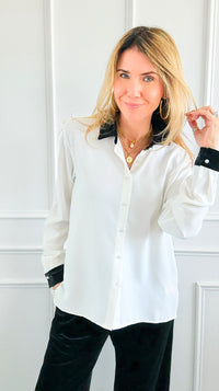 Midnight Contrast Button Down Top - Ivory Black-130 Long sleeve top-Must Have-Coastal Bloom Boutique, find the trendiest versions of the popular styles and looks Located in Indialantic, FL