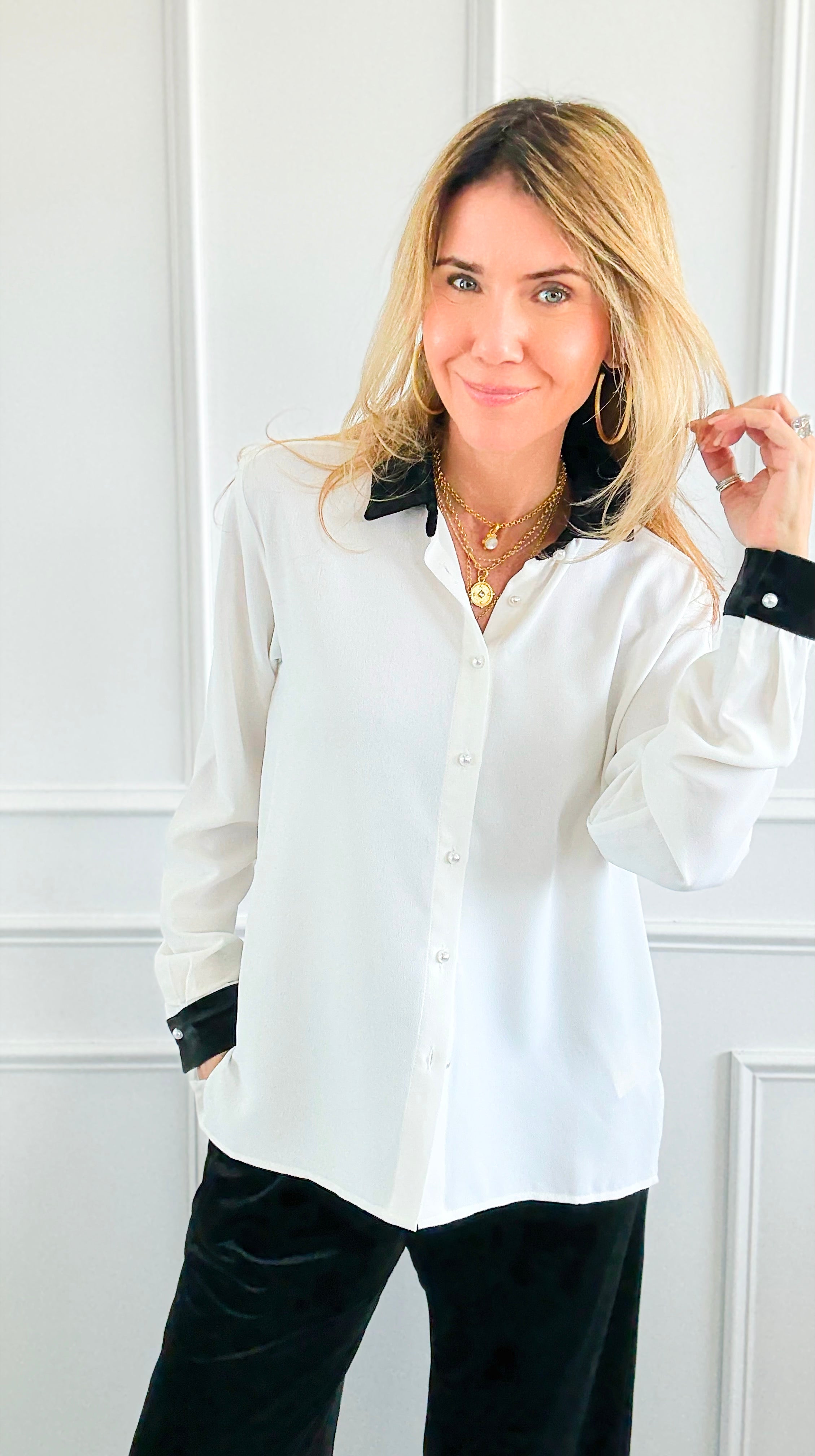 Midnight Contrast Button Down Top - Ivory Black-130 Long sleeve top-Must Have-Coastal Bloom Boutique, find the trendiest versions of the popular styles and looks Located in Indialantic, FL