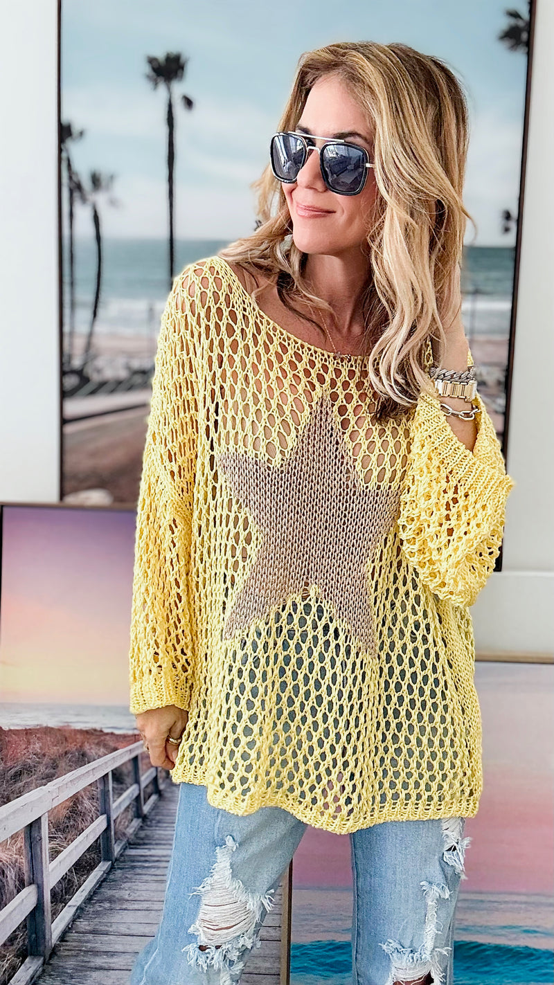 Shining Star Italian Chain Sweater - Light Yellow /Gold-140 Sweaters-Italianissimo-Coastal Bloom Boutique, find the trendiest versions of the popular styles and looks Located in Indialantic, FL