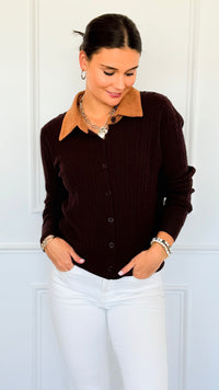 Cable Stitch Italian Button Cardigan- Chocolate-170 Bottoms-Italianissimo-Coastal Bloom Boutique, find the trendiest versions of the popular styles and looks Located in Indialantic, FL