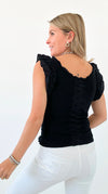 Whimsical Ruffles Ribbed Italian Tank Top- Black-100 Sleeveless Tops-Italianissimo-Coastal Bloom Boutique, find the trendiest versions of the popular styles and looks Located in Indialantic, FL