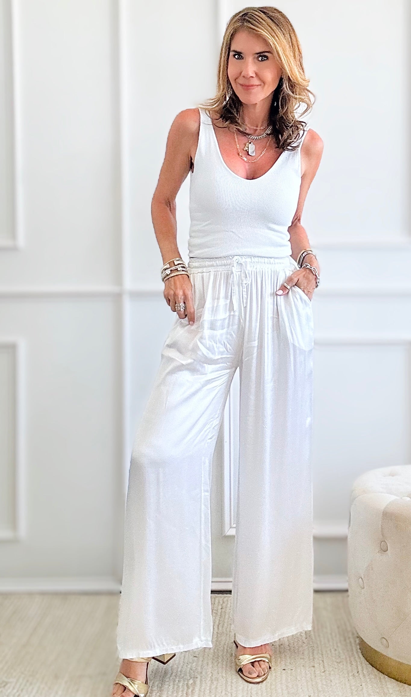 Angora Italian Satin Pant - White-170 Bottoms-Italianissimo-Coastal Bloom Boutique, find the trendiest versions of the popular styles and looks Located in Indialantic, FL