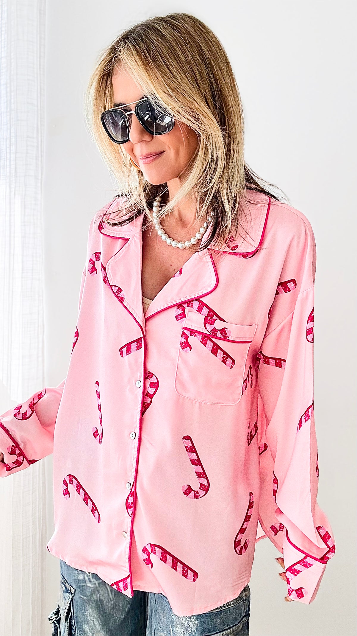 Candy Cane Pattern Satin PJ Top-220 Intimates-Peach Love California-Coastal Bloom Boutique, find the trendiest versions of the popular styles and looks Located in Indialantic, FL