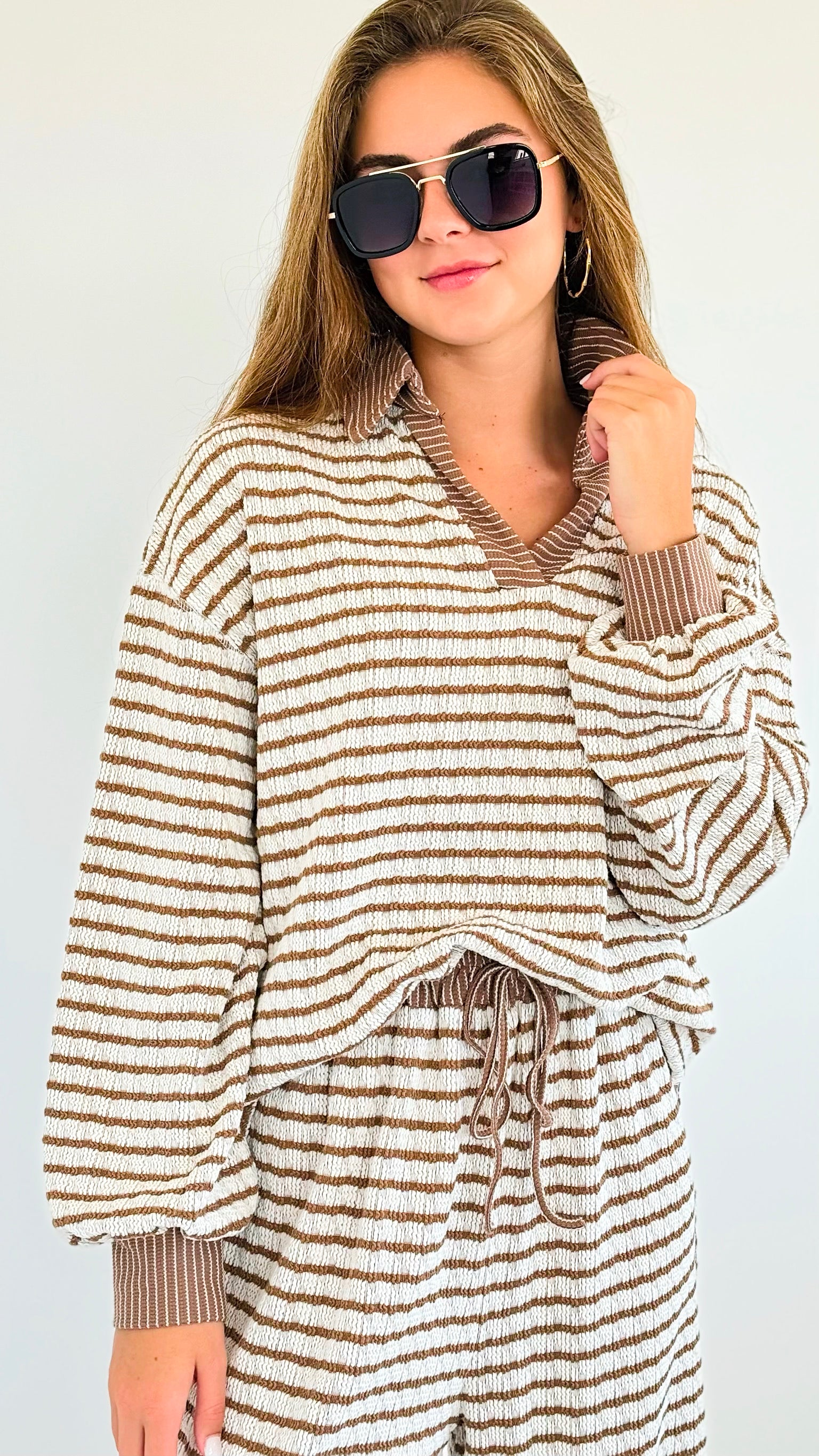 Knitted Striped Collared Top - Brown-130 Long Sleeve Tops-Fantastic Fawn-Coastal Bloom Boutique, find the trendiest versions of the popular styles and looks Located in Indialantic, FL