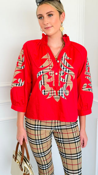 Plaid Appliqué Ruffle Neck Blouse Top - Red