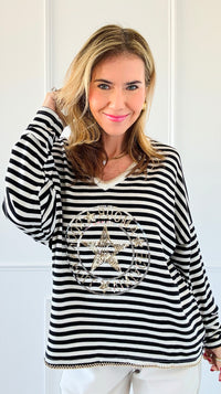 Parisian Stripe V-Neck Top-110 Long Sleeve Tops-VENTI6 OUTLET-Coastal Bloom Boutique, find the trendiest versions of the popular styles and looks Located in Indialantic, FL