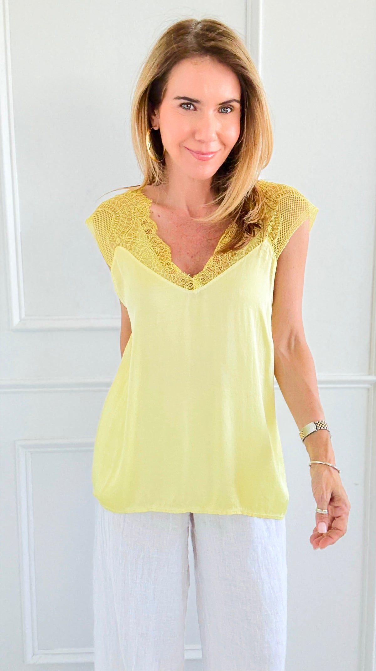 Lace Satin Sleeveless Italian Top- Yellow-100 Sleeveless Tops-Italianissimo-Coastal Bloom Boutique, find the trendiest versions of the popular styles and looks Located in Indialantic, FL