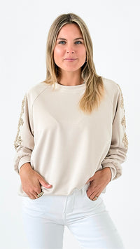 Ornate Blossom Sleeve Italian Sweater- Beige-140 Sweaters-Italianissimo-Coastal Bloom Boutique, find the trendiest versions of the popular styles and looks Located in Indialantic, FL