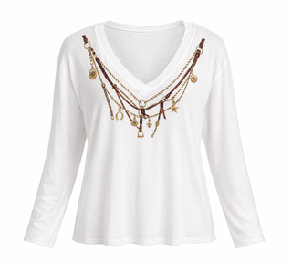 Saddle Charm V- Neck Italian Top- White