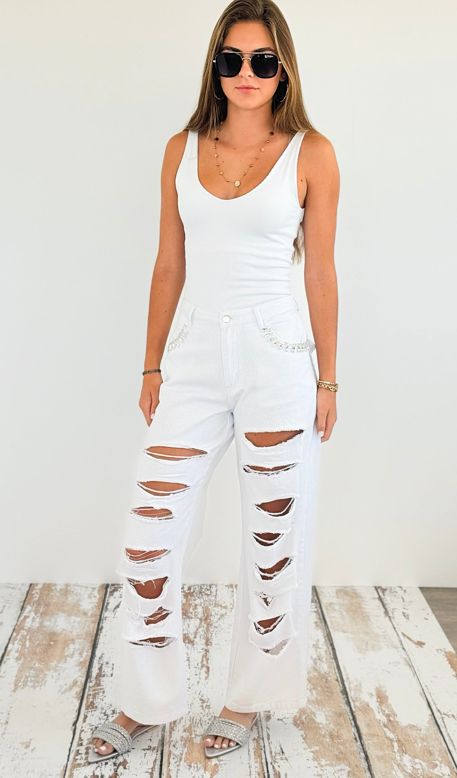 Rhinestone Pockets Trim Distressed Pants - White-170 Bottoms-Hot & Delicious-Coastal Bloom Boutique, find the trendiest versions of the popular styles and looks Located in Indialantic, FL