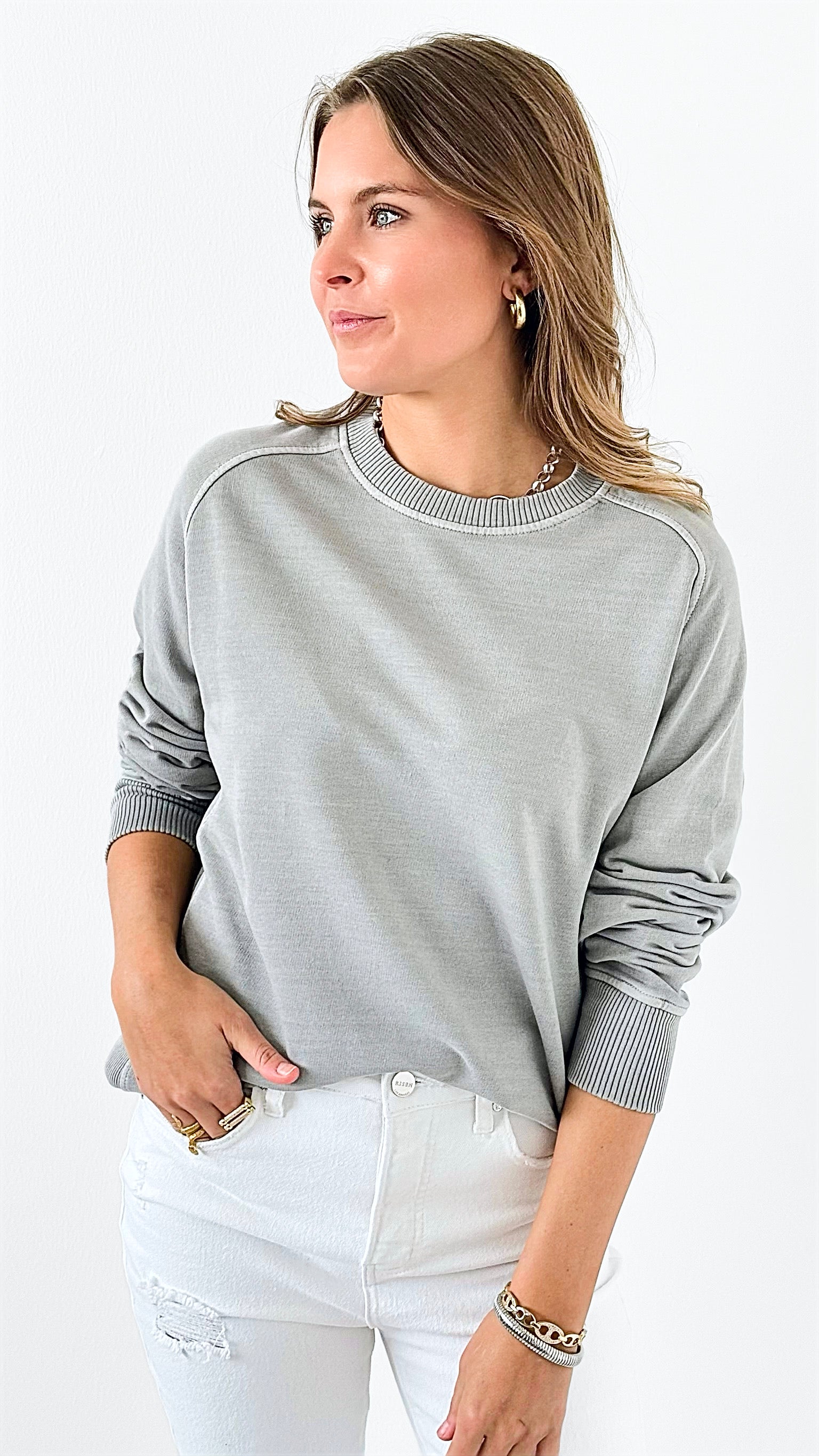 Cozy French Terry Sweatshirt - Grey-110 Long Sleeve Tops-Zenana-Coastal Bloom Boutique, find the trendiest versions of the popular styles and looks Located in Indialantic, FL