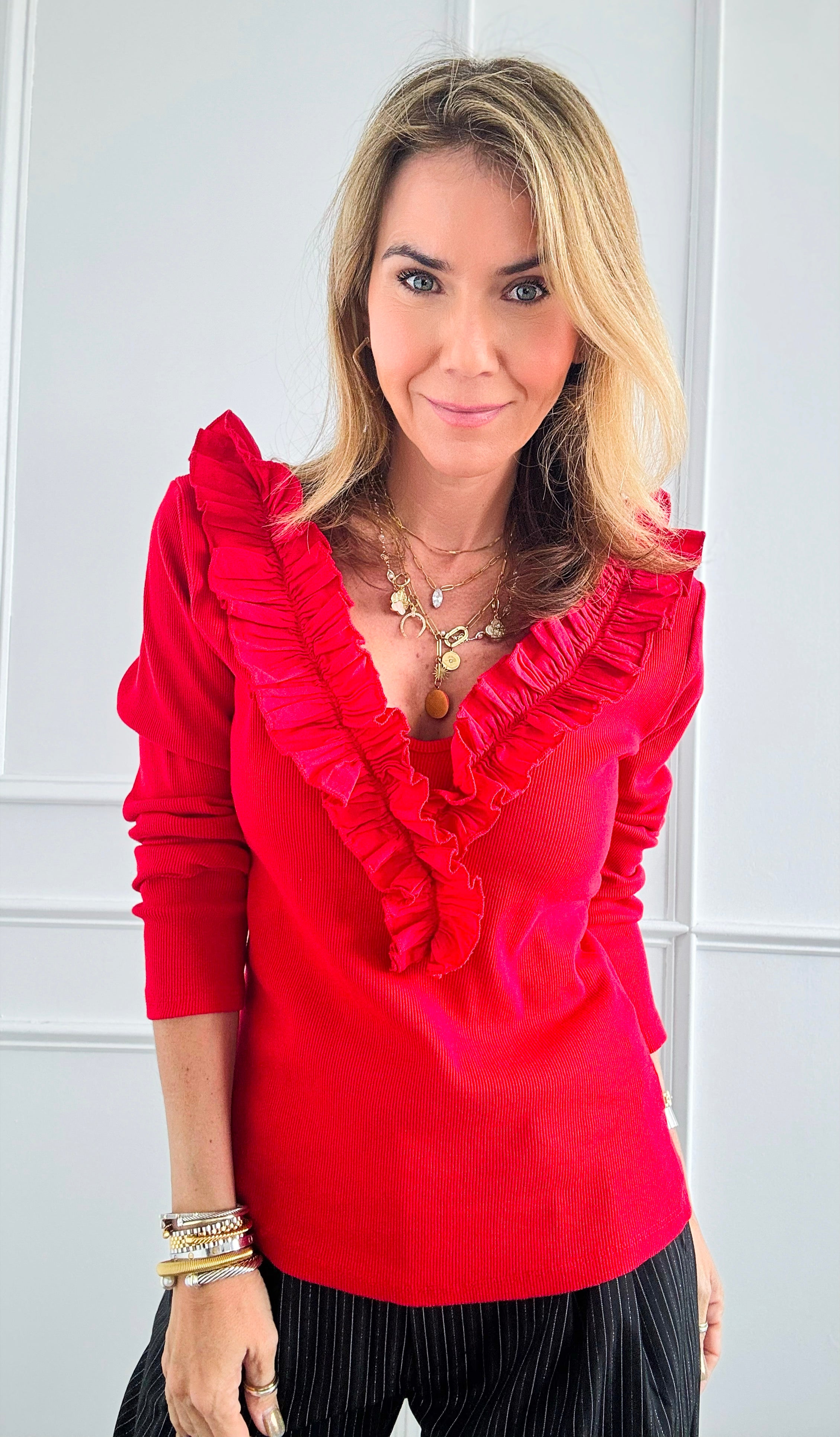 Whimsical Ruffle Italian Pullover- Red-100 Sleeveless Tops-Italianissimo-Coastal Bloom Boutique, find the trendiest versions of the popular styles and looks Located in Indialantic, FL