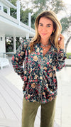 Floral Muse Velvet Button Down Blouse - Green/ Red-130 Long Sleeve Tops-sew in love-Coastal Bloom Boutique, find the trendiest versions of the popular styles and looks Located in Indialantic, FL