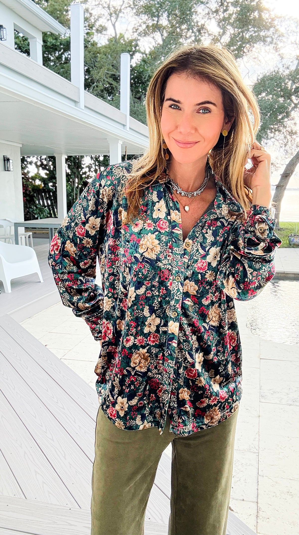 Floral Muse Velvet Button Down Blouse - Green/ Red-130 Long Sleeve Tops-sew in love-Coastal Bloom Boutique, find the trendiest versions of the popular styles and looks Located in Indialantic, FL