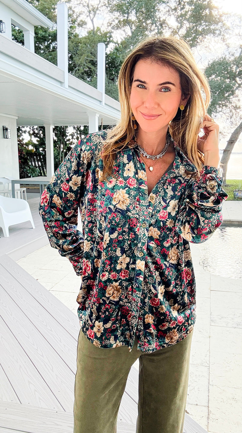 Floral Muse Velvet Button Down Blouse - Green/ Red-130 Long Sleeve Tops-sew in love-Coastal Bloom Boutique, find the trendiest versions of the popular styles and looks Located in Indialantic, FL