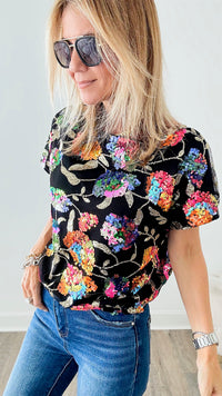 Raining Sequins Floral Off-the-Shoulder Blouse - Black Multi-110 Short Sleeve Tops-MAIN STRIP-Coastal Bloom Boutique, find the trendiest versions of the popular styles and looks Located in Indialantic, FL