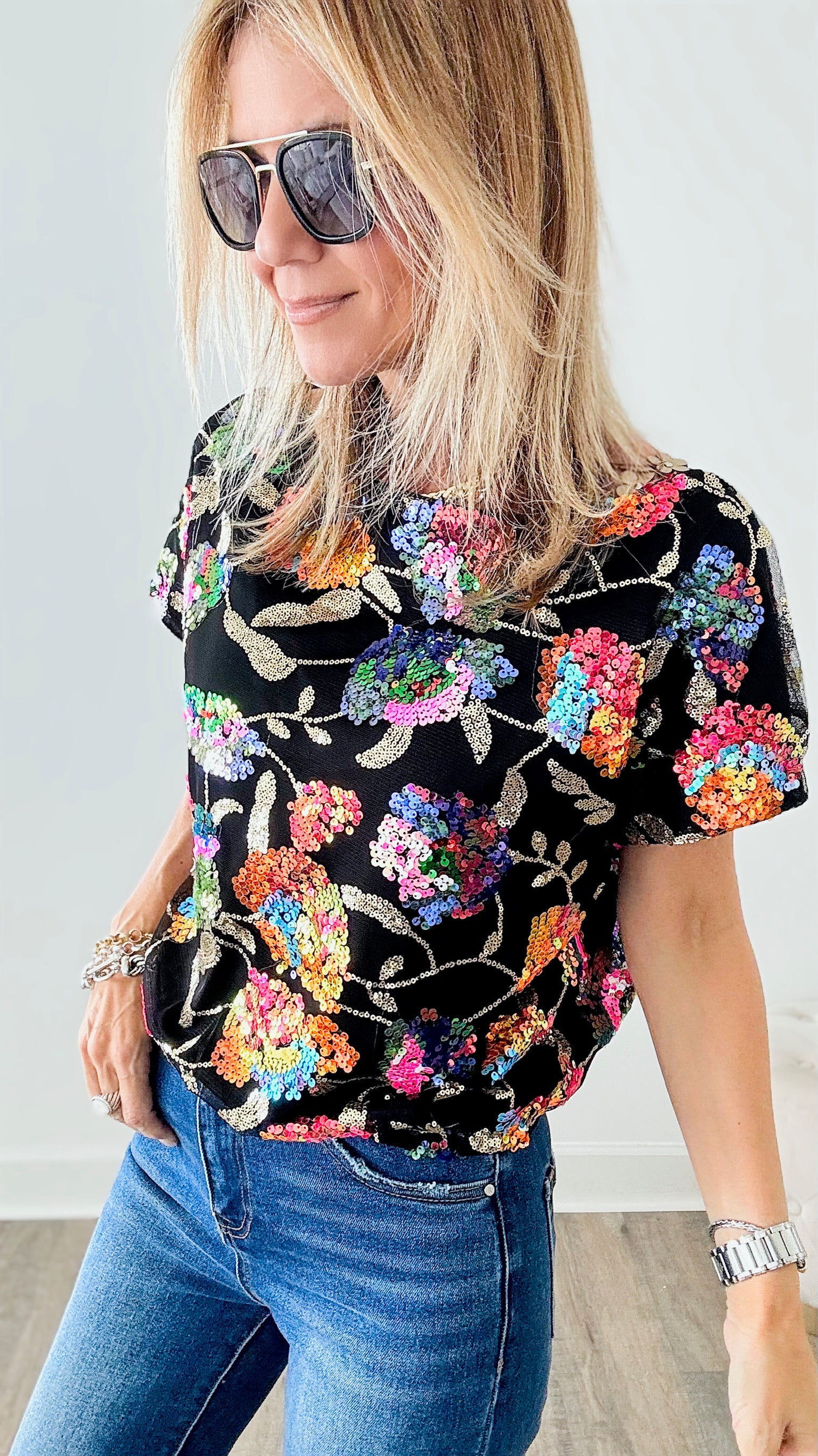 Raining Sequins Floral Off-the-Shoulder Blouse - Black Multi-110 Short Sleeve Tops-MAIN STRIP-Coastal Bloom Boutique, find the trendiest versions of the popular styles and looks Located in Indialantic, FL