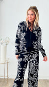 Adiorable Floral Tapestry Knit Zip Up Set - Black-130 Long sleeve top-Chasing Bandits-Coastal Bloom Boutique, find the trendiest versions of the popular styles and looks Located in Indialantic, FL