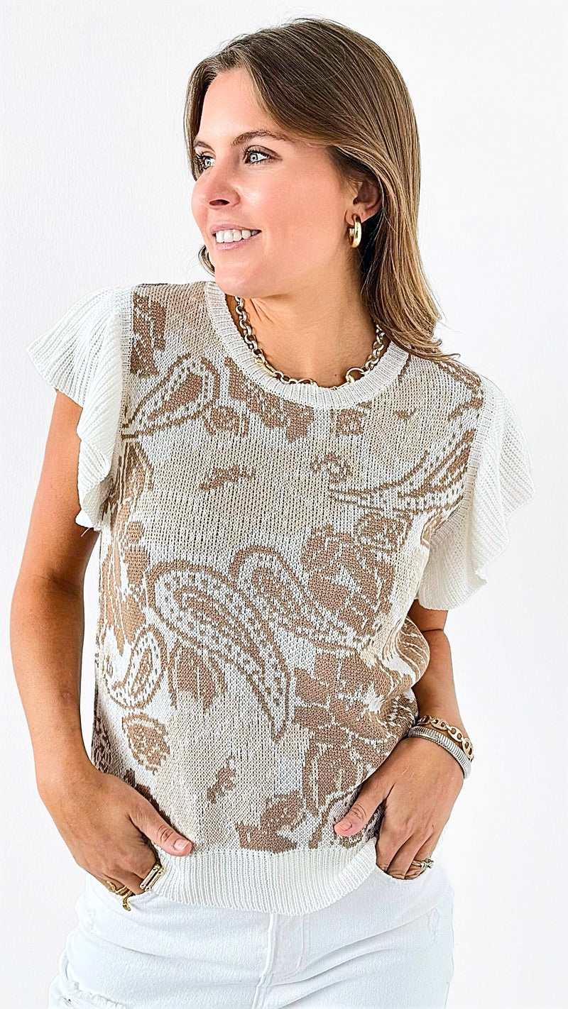 Soft Elegance Flutter Sleeve Top - Toffee/Off White-110 Short Sleeve Tops-Jodifl-Coastal Bloom Boutique, find the trendiest versions of the popular styles and looks Located in Indialantic, FL