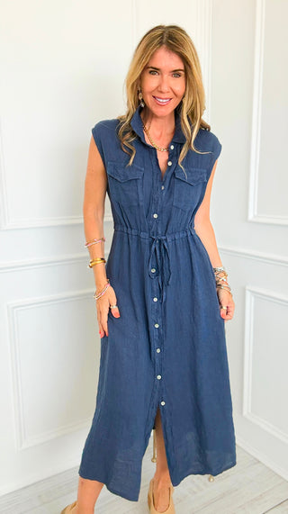 Tie Waist Sleeveless Linen Italian Midi Dress- Navy
