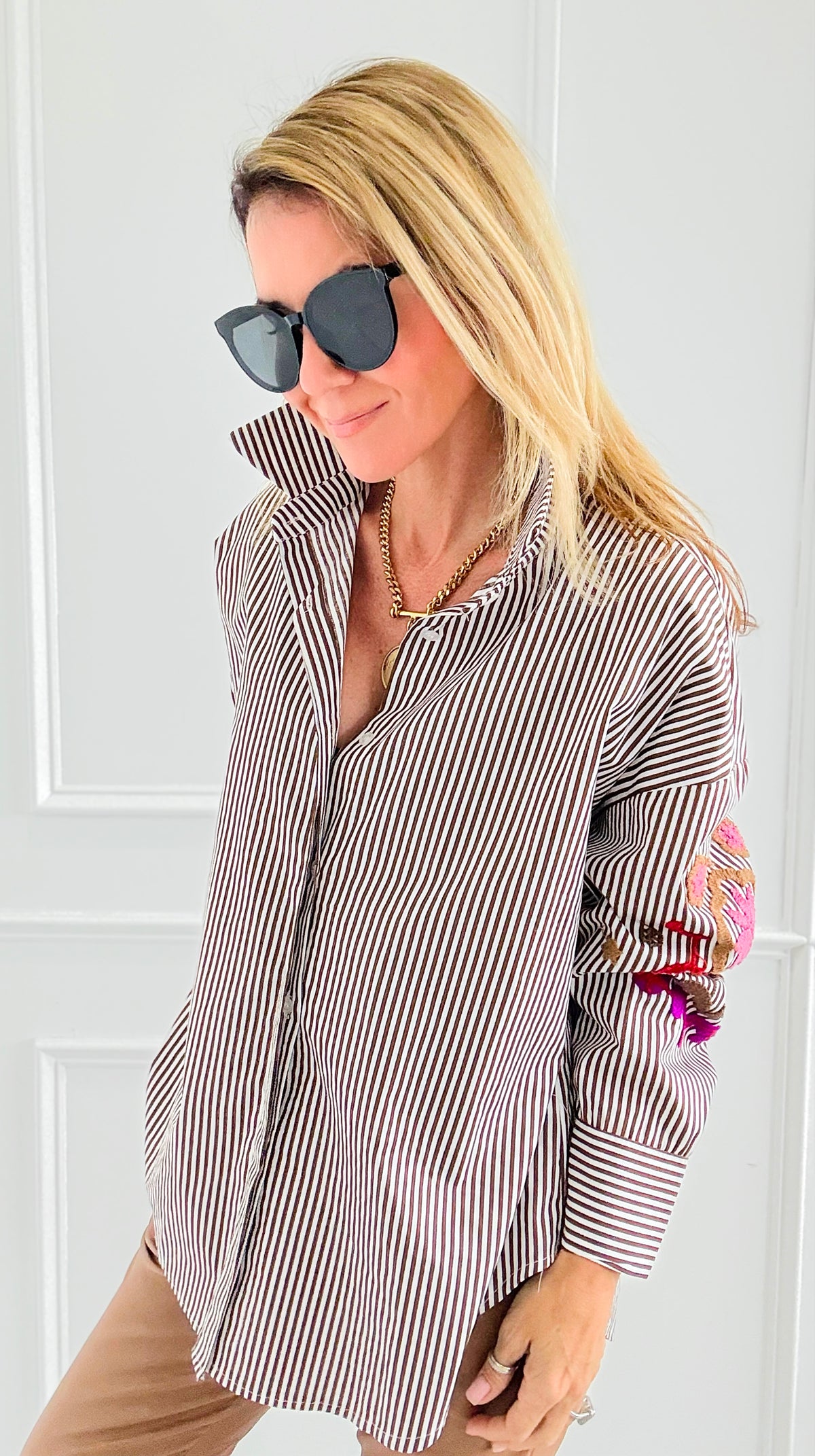 Striped & Bloom Embroidery Sleeve Italian Blouse-110 Long Sleeve Tops-TATTOO Z-Coastal Bloom Boutique, find the trendiest versions of the popular styles and looks Located in Indialantic, FL