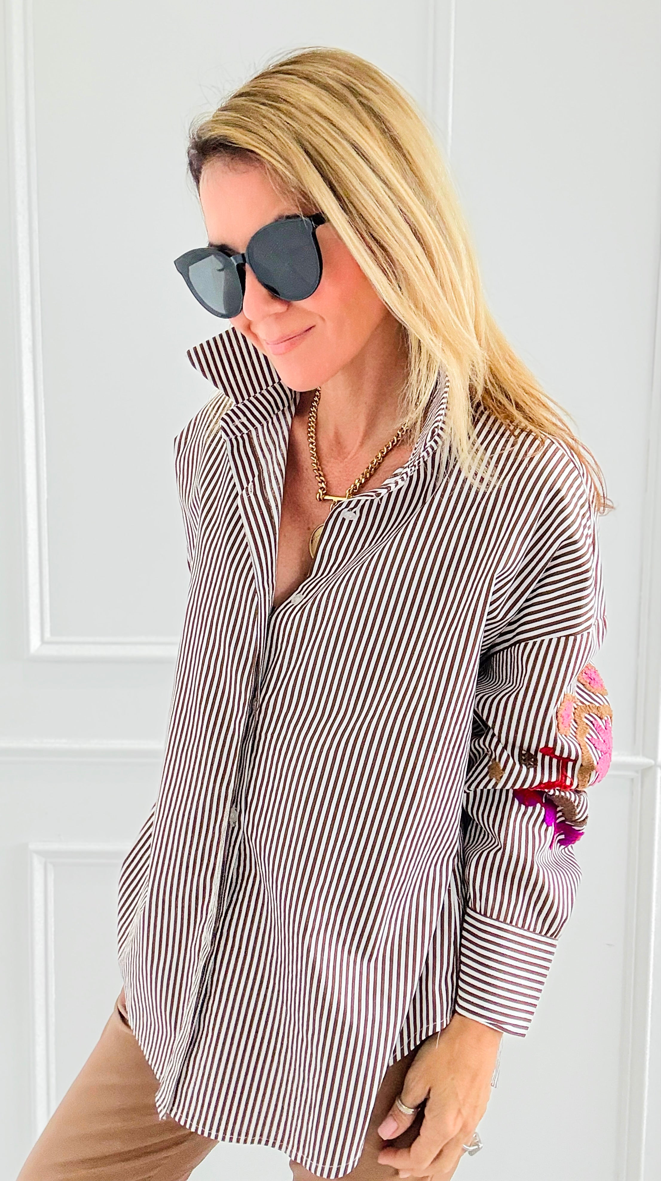 Striped & Bloom Embroidery Sleeve Italian Blouse-110 Long Sleeve Tops-TATTOO Z-Coastal Bloom Boutique, find the trendiest versions of the popular styles and looks Located in Indialantic, FL