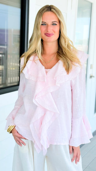 Ruffle Charm Cascade Linen Italian Button Top- Light Pink