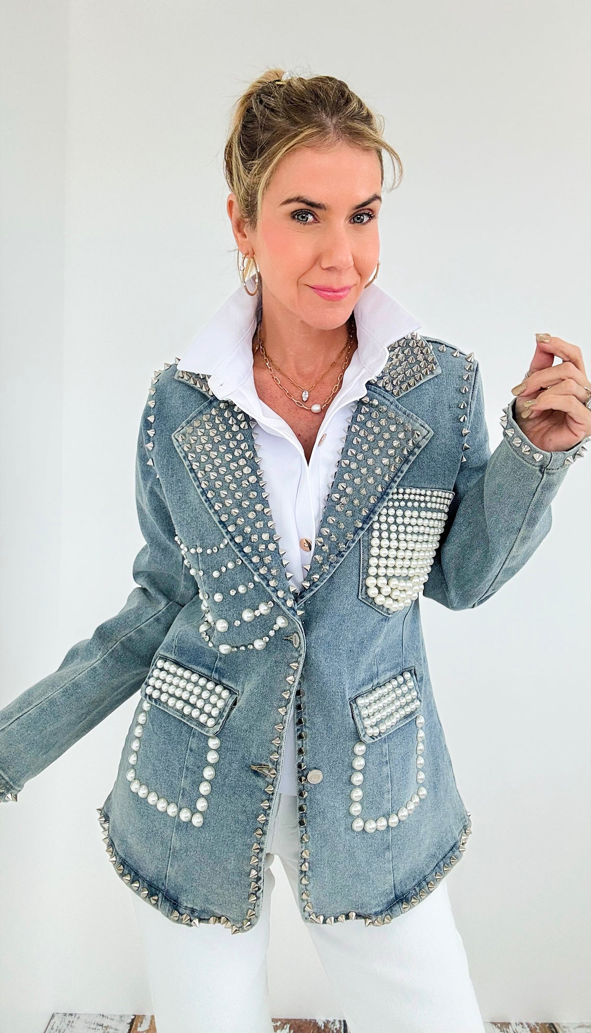 Rockstar Glam Studded Denim Jacket-160 Jackets-Tally Taylor-Chasing Bandits-Coastal Bloom Boutique, find the trendiest versions of the popular styles and looks Located in Indialantic, FL