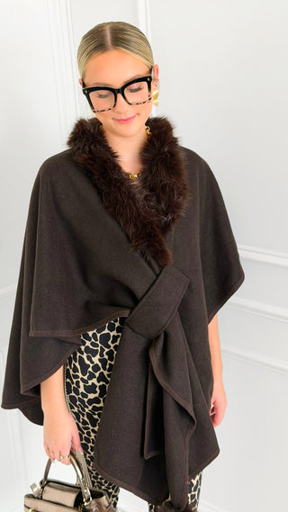 Plush Collar Wrap Poncho - Brown