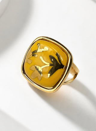 Matera Golden Hand-Painted Artisan Square Ring - Yellow
