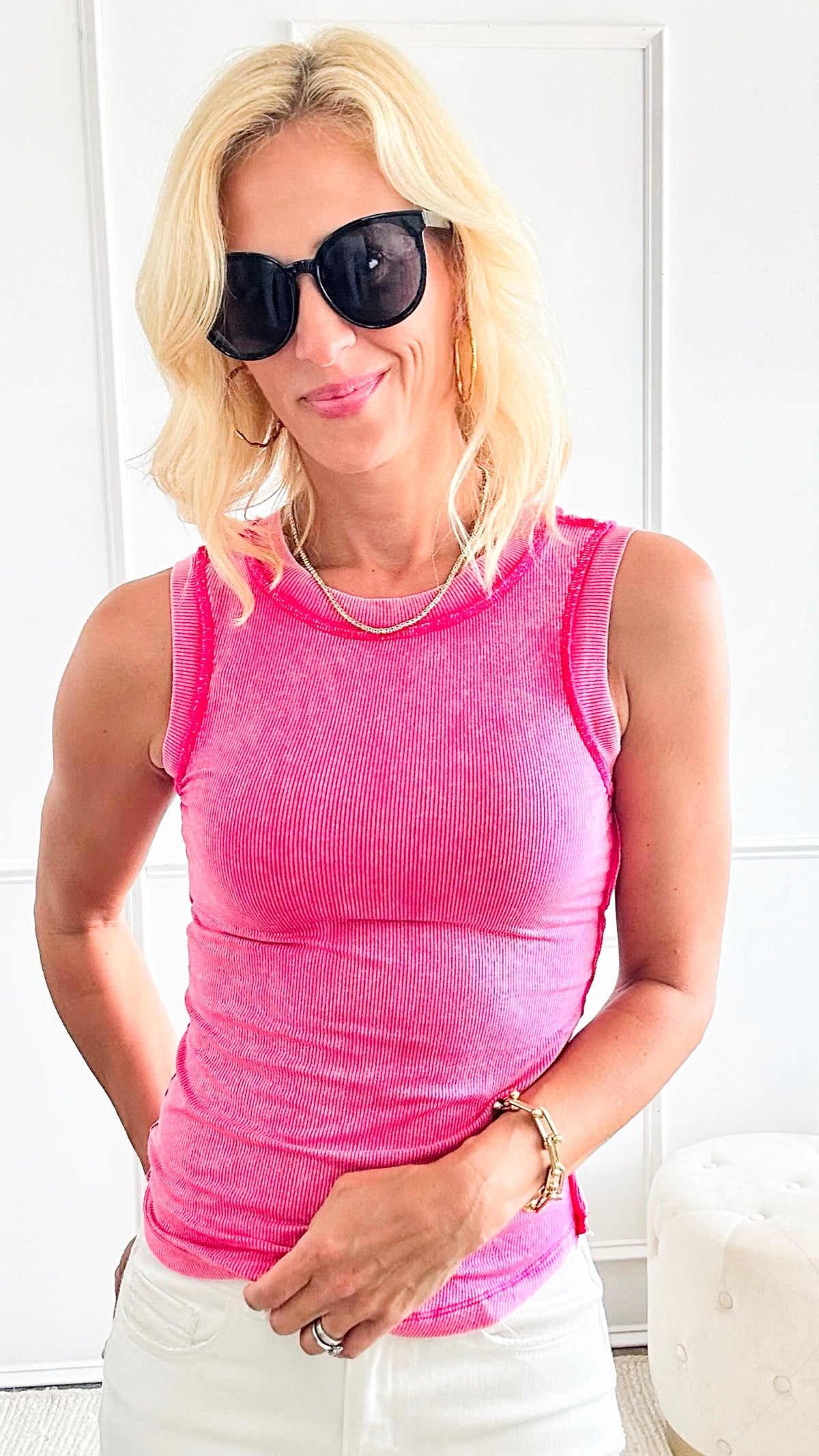 Big Mineral Wash Ribbed Scoop Tank Top - Hot Pink-100 Sleeveless Tops-Zenana-Coastal Bloom Boutique, find the trendiest versions of the popular styles and looks Located in Indialantic, FL