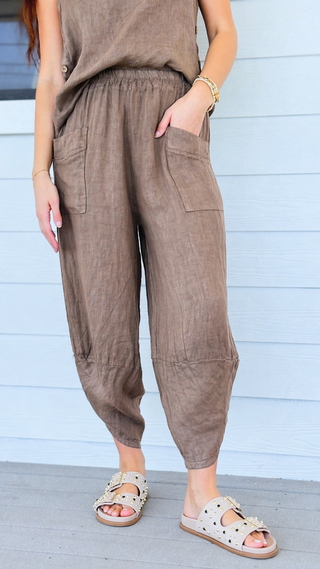 La Spezia Barrel Linen Italian Pant- Taupe