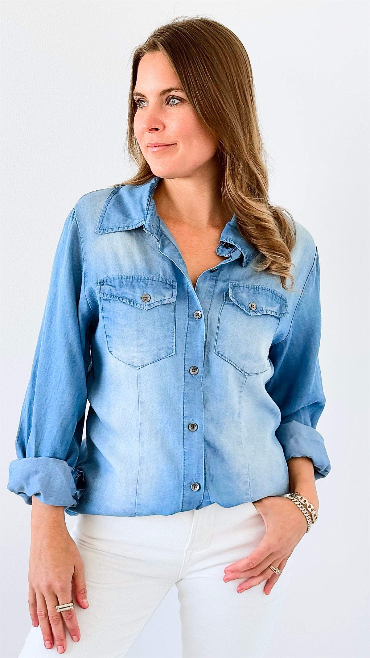 The Everyday Button-Up Denim Blouse-110 Long Sleeve Tops-VENTI6 OUTLET-Coastal Bloom Boutique, find the trendiest versions of the popular styles and looks Located in Indialantic, FL