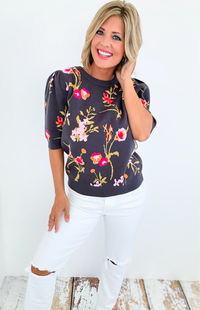 Floral Knit Short Puff Sleeves Sweater-140 Sweaters-Fate By LFD-Coastal Bloom Boutique, find the trendiest versions of the popular styles and looks Located in Indialantic, FL