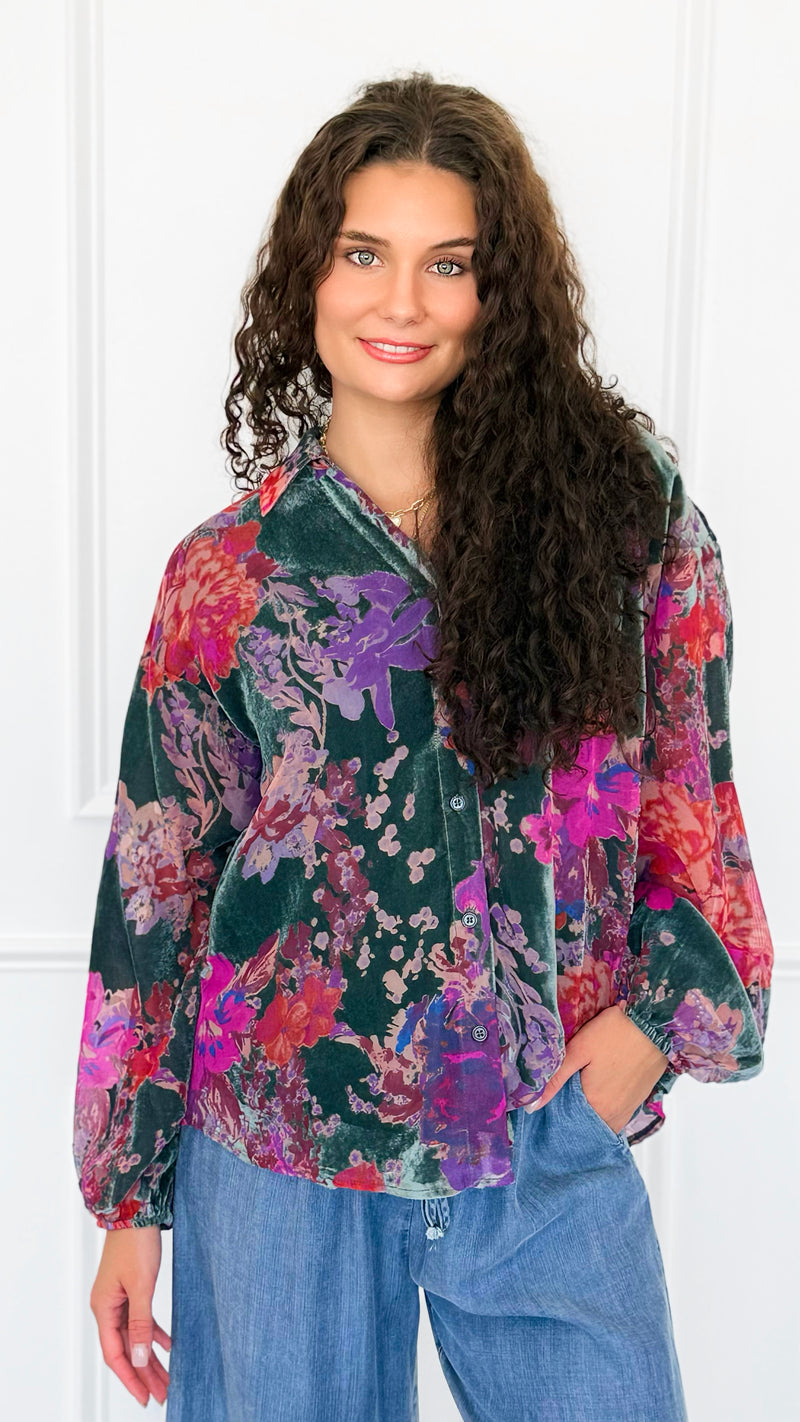 Velvet Bloom Button Down Top-130 Long Sleeve Tops-Jodifl-Coastal Bloom Boutique, find the trendiest versions of the popular styles and looks Located in Indialantic, FL