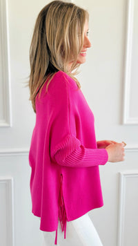 Fringed Fuchsia Sweater-140 Sweaters-Z STUDIO-Coastal Bloom Boutique, find the trendiest versions of the popular styles and looks Located in Indialantic, FL