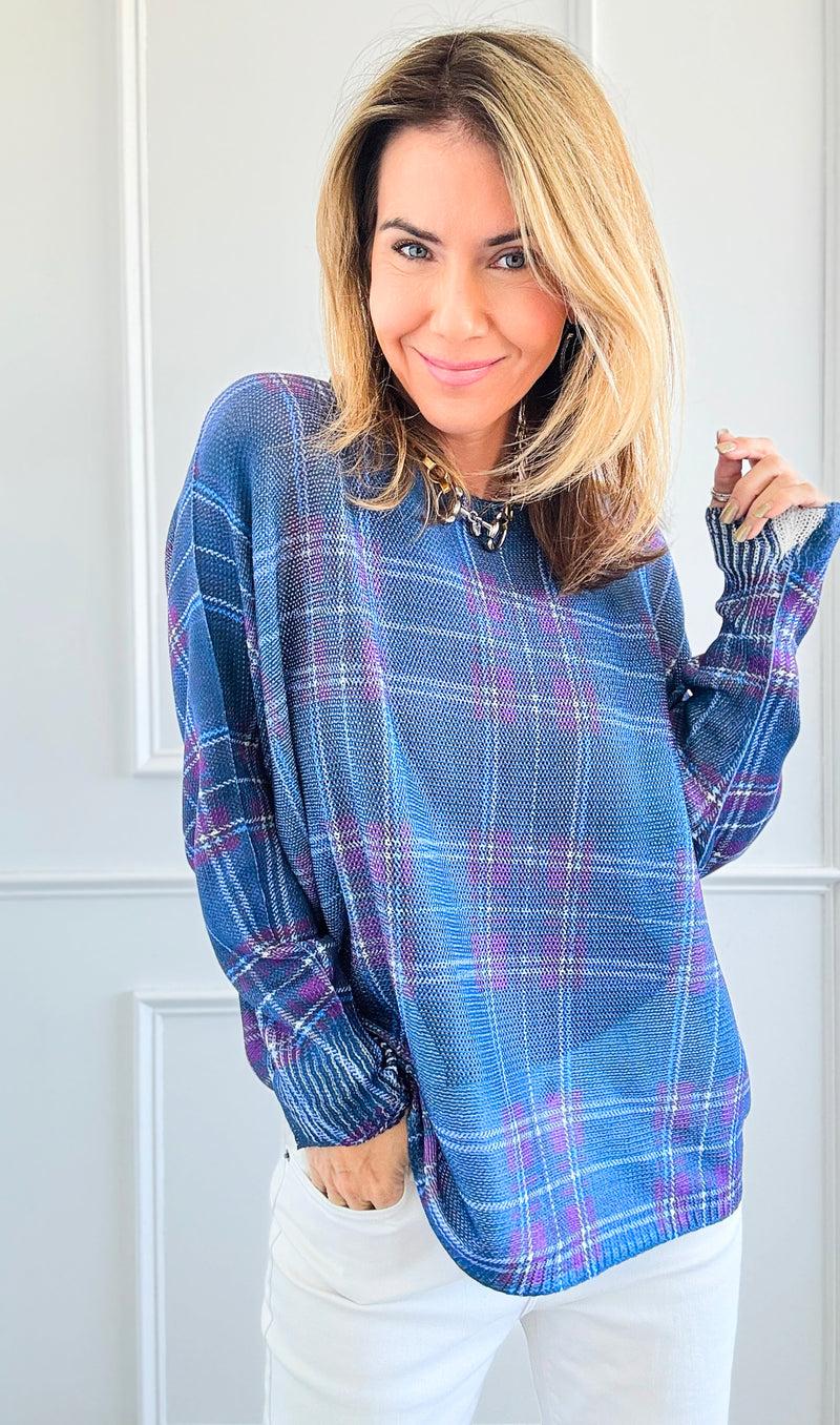 Festive Plaid St Tropez Italian Knit Sweater- Cobalt Blue-140 Sweaters-Italianissimo-Coastal Bloom Boutique, find the trendiest versions of the popular styles and looks Located in Indialantic, FL