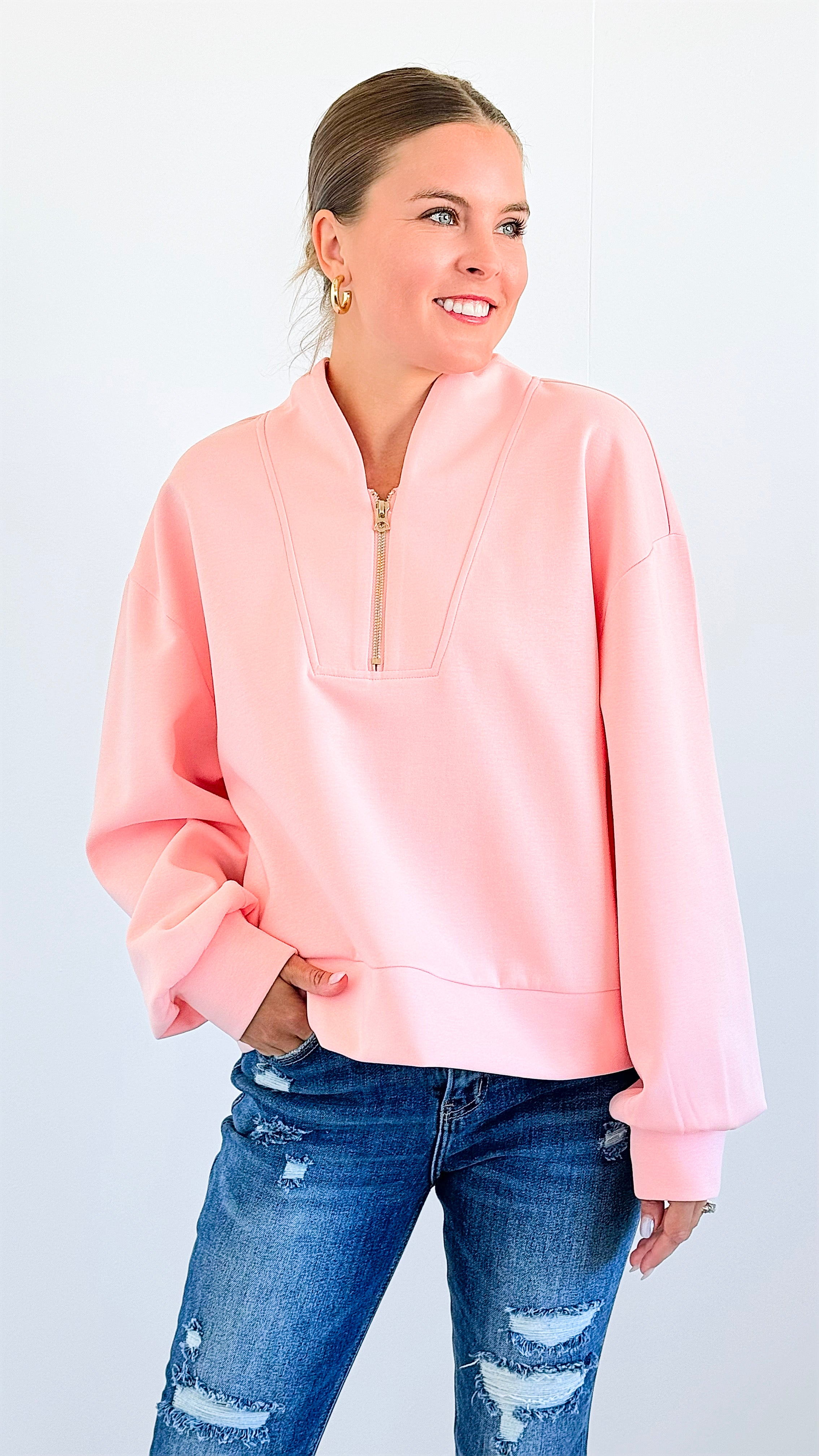 Zip-Up Scuba Long Sleeve Sweatshirt-Baby Pink-130 Long Sleeve Tops-BucketList-Coastal Bloom Boutique, find the trendiest versions of the popular styles and looks Located in Indialantic, FL