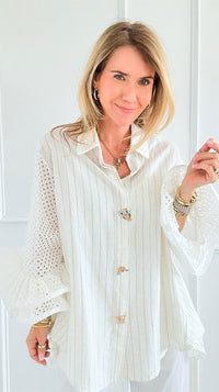 Whimsy Watch Button Detail Ruffle Bell Sleeve Italian Blouse-110 Long Sleeve Tops-TATTOO Z-Coastal Bloom Boutique, find the trendiest versions of the popular styles and looks Located in Indialantic, FL