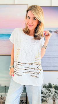 Metallic Fusion Italian Top - White-110 Short Sleeve Tops-Italianissimo-Coastal Bloom Boutique, find the trendiest versions of the popular styles and looks Located in Indialantic, FL