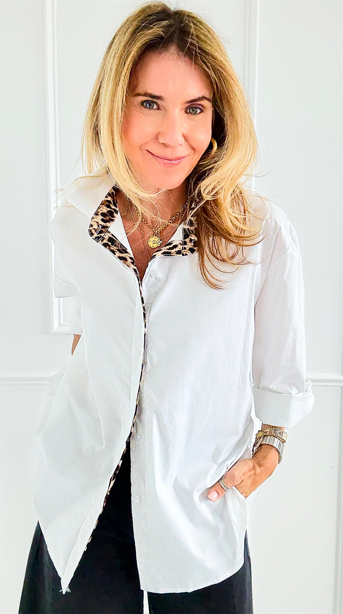 Wild Contrast Collar Italian Shirt-110 Long Sleeve Tops-STAR SRL-Coastal Bloom Boutique, find the trendiest versions of the popular styles and looks Located in Indialantic, FL