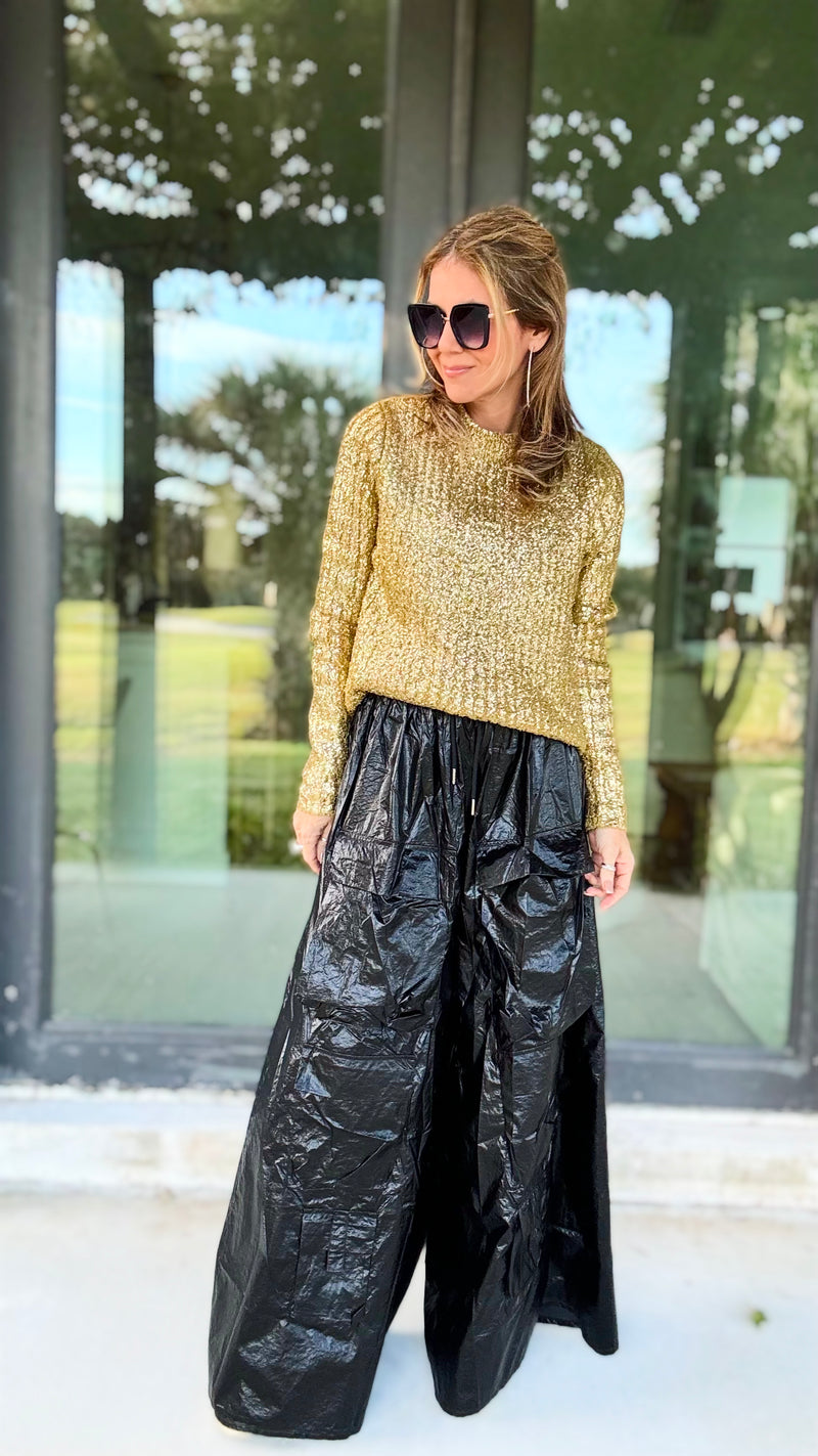 Wide Leg Metallic Parachute Oversized Pants - Black-170 Bottoms-sj style-Coastal Bloom Boutique, find the trendiest versions of the popular styles and looks Located in Indialantic, FL